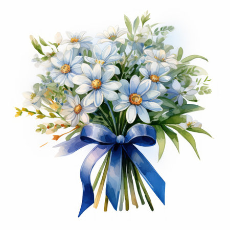 Bouquet of blue flowers with a blue bow on a white backgroundの素材
