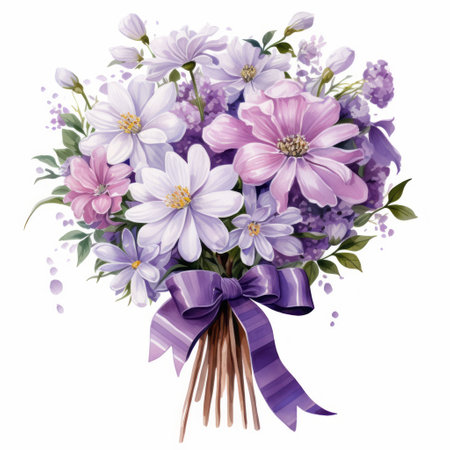 Beautiful bouquet of spring flowers with purple ribbon. Vector illustration.の素材