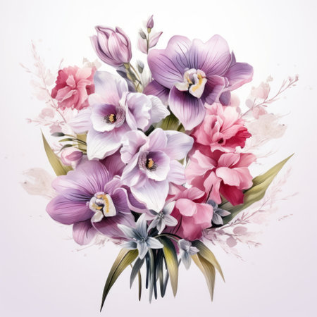 Beautiful bouquet of freesia and irises in watercolor styleの素材