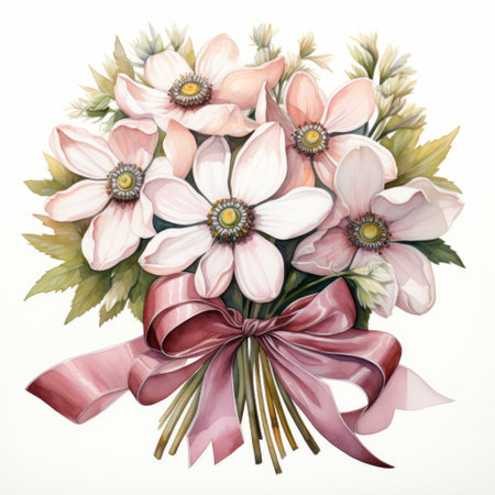 Bouquet of pink anemones with a bow on a white backgroundの素材