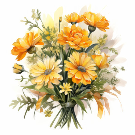 Bouquet of yellow flowers on a white background. Watercolorの素材