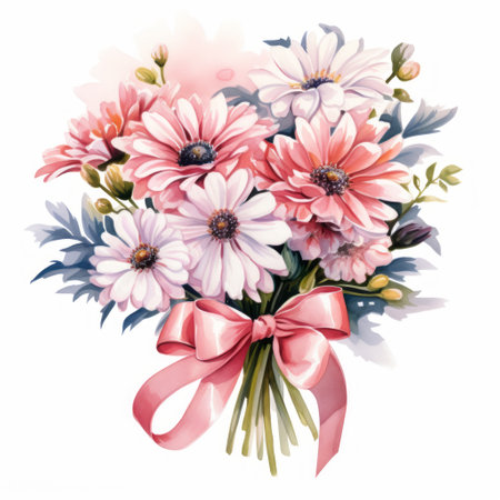bouquet of daisies with pink bow isolated on white backgroundの素材