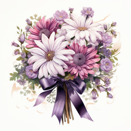 Bouquet of daisies with a bow on a white backgroundの素材