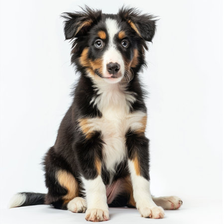 Australian Shepherd puppy sitting on white background. Looking at the camera.の素材