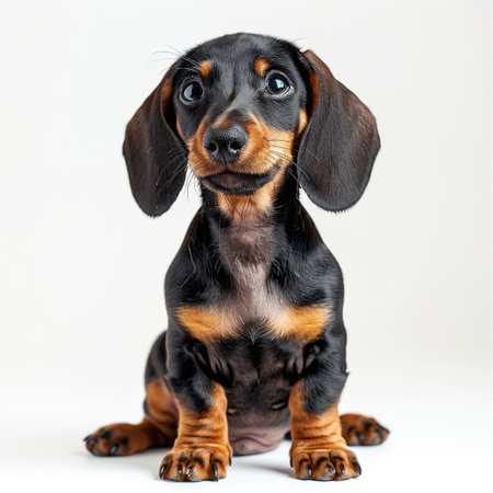 Dachshund puppy sits on a white background. Studio shot.の素材