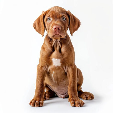 Hungarian Vizsla puppy isolated on white background. Studio shot.の素材