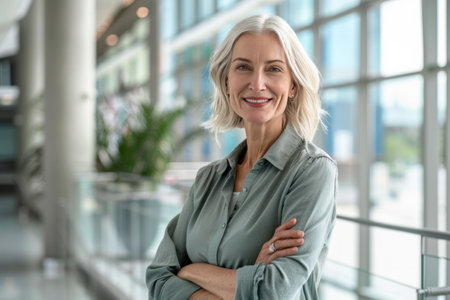 Portrait of mature businesswoman standing with arms crossed in modern officeの素材