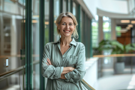 Portrait of smiling businesswoman standing with arms crossed in office lobbyの素材