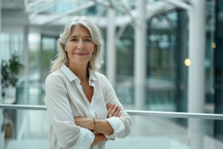Portrait of mature businesswoman standing with arms crossed in office lobbyの素材