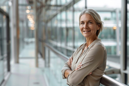 Portrait of smiling mature businesswoman standing with arms crossed in modern officeの素材