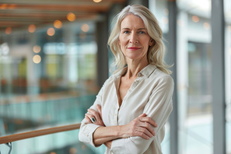 Portrait of mature businesswoman standing with arms crossed in modern officeの素材