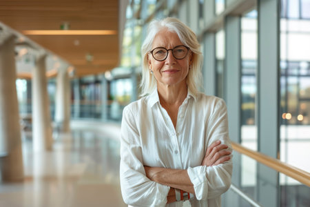 Portrait of mature businesswoman standing with arms crossed in office lobbyの素材