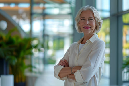 Portrait of a happy mature businesswoman standing with arms crossed in officeの素材