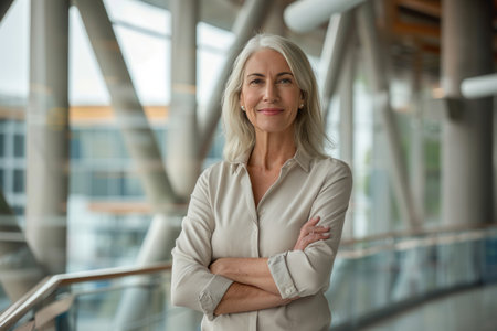 Portrait of mature businesswoman standing with arms crossed in office lobbyの素材