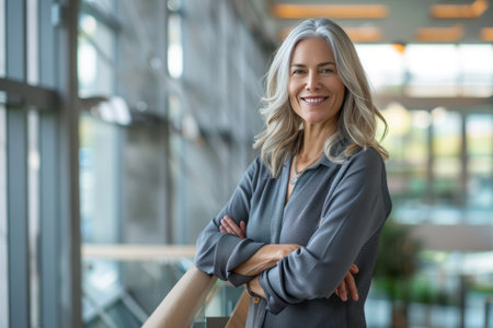 Portrait of smiling mature businesswoman standing with arms crossed in officeの素材