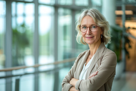 Portrait of happy senior businesswoman standing with arms crossed in officeの素材
