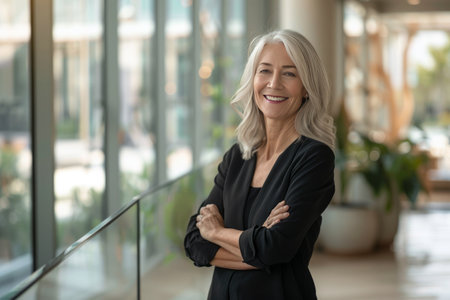 Portrait of smiling mature businesswoman standing with arms crossed in officeの素材