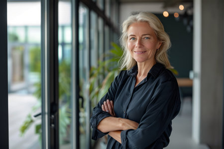 Portrait of confident mature businesswoman standing with arms crossed in officeの素材