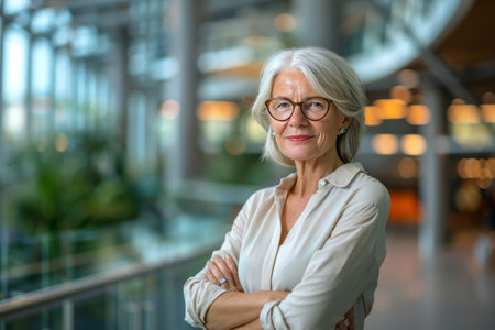 Portrait of smiling senior businesswoman standing with arms crossed in officeの素材