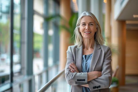Portrait of mature businesswoman standing with arms crossed in office lobbyの素材