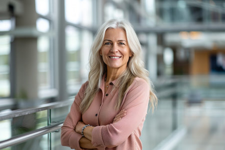 Portrait of smiling mature businesswoman standing with arms crossed in officeの素材