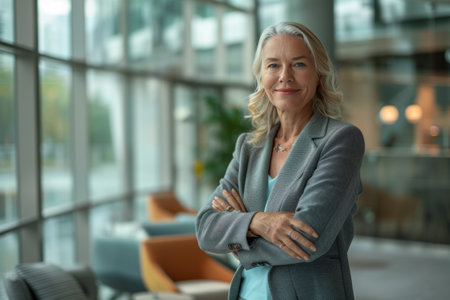 Portrait of mature businesswoman standing with arms crossed in office lobbyの素材
