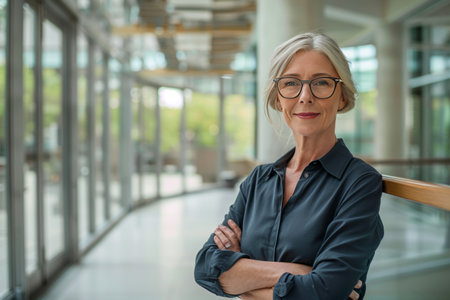Portrait of confident mature businesswoman standing with arms crossed in officeの素材