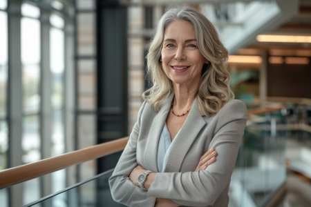 Portrait of mature businesswoman standing with arms crossed in modern officeの素材