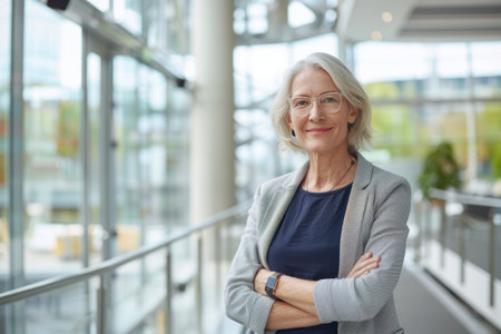 Portrait of smiling senior businesswoman standing with arms crossed in officeの素材