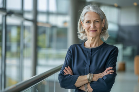 Portrait of confident senior businesswoman standing with arms crossed in officeの素材