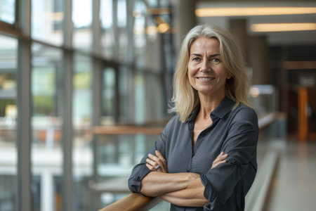 Portrait of mature businesswoman standing with arms crossed in modern officeの素材