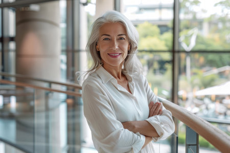 Portrait of beautiful mature businesswoman standing with arms crossed in officeの素材