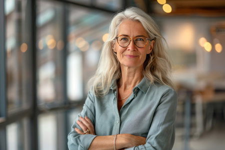Portrait of mature businesswoman in eyeglasses standing in officeの素材