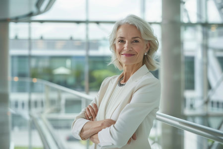 Portrait of smiling senior businesswoman standing with arms crossed in officeの素材