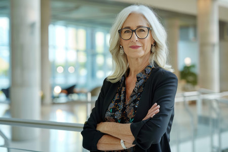 Portrait of mature businesswoman standing with arms crossed in office lobbyの素材