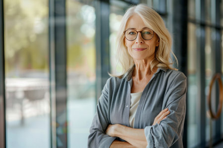 Portrait of mature businesswoman in eyeglasses standing with arms crossedの素材