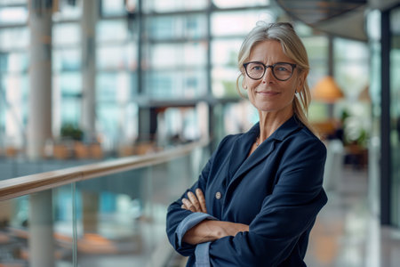 Portrait of confident mature businesswoman in eyeglasses standing with arms crossed in officeの素材