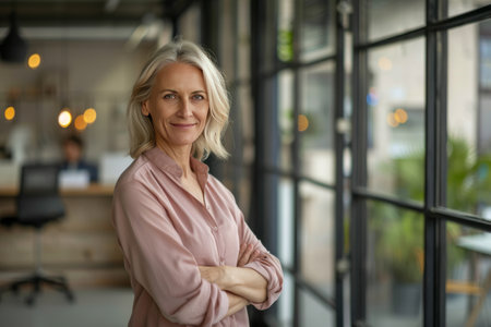 Portrait of mature businesswoman standing with arms crossed in modern officeの素材