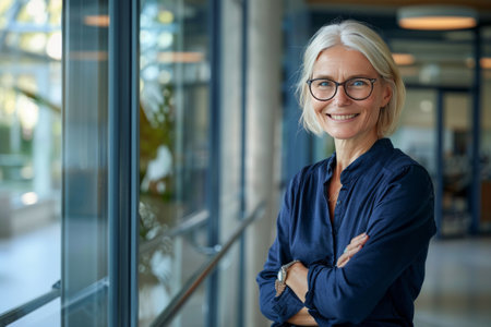 Portrait of smiling mature businesswoman standing with arms crossed in officeの素材