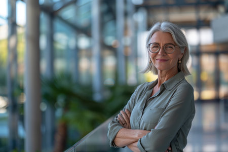 Portrait of happy senior businesswoman standing with arms crossed in officeの素材