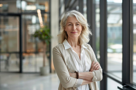 Portrait of smiling mature businesswoman standing with arms crossed in officeの素材