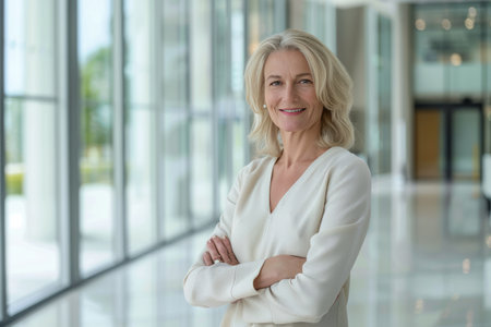 Portrait of a smiling senior businesswoman standing with arms crossed in officeの素材