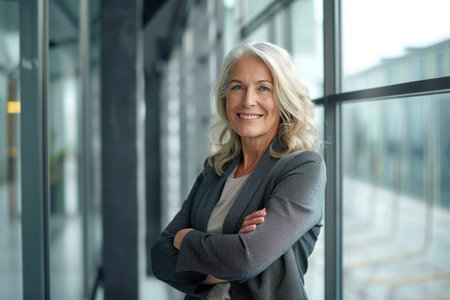 Portrait of smiling mature businesswoman standing with arms crossed in officeの素材