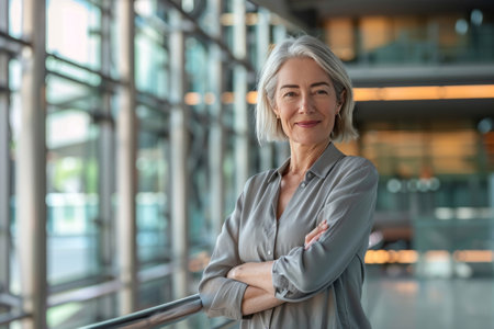 Portrait of confident senior businesswoman standing with arms crossed in officeの素材