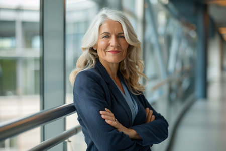Portrait of mature businesswoman standing with arms crossed in modern officeの素材
