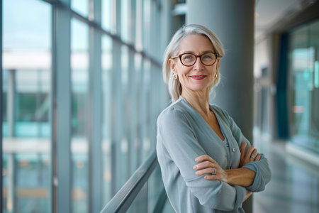 Portrait of happy senior businesswoman standing with arms crossed in officeの素材