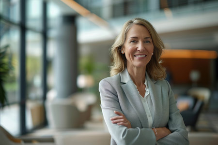 Portrait of smiling mature businesswoman standing with arms crossed in officeの素材