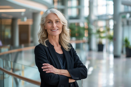 Portrait of mature businesswoman standing with arms crossed in office lobbyの素材