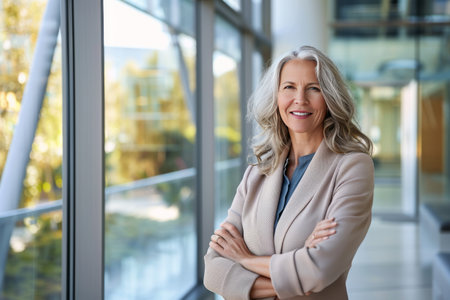Portrait of mature businesswoman standing with arms crossed at office buildingの素材