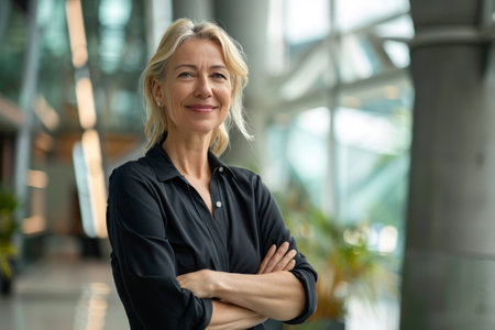 Portrait of mature businesswoman standing with arms crossed in office lobbyの素材